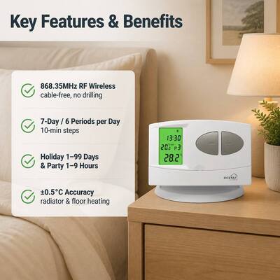 Conventional Or Boilers Wireless 7 Day Room Thermostat Featuring Compact 86 X 86 X 26 Mm Receiver Dimensions And 6W Power Consumption