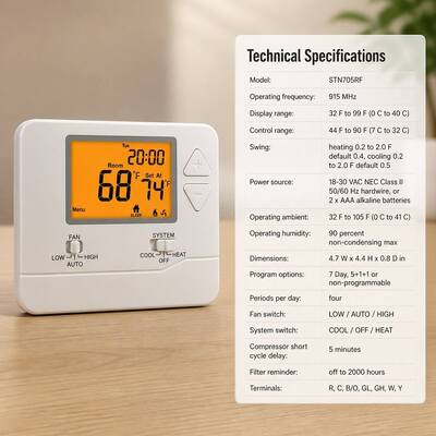 White Programmable Wireless 915MHZ Air Conditioning 1 Heat 1 Cool RF PTAC Thermostat With LCD Display