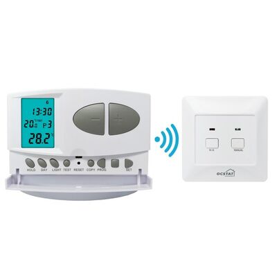 Termostato ambiente wireless per caldaie convenzionali o combinate con programmazione settimanale, dotato di ricevitore compatto con dimensioni di 86 x 86 x 26 mm e consumo energetico di 6W