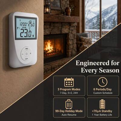 Assemblaggio termostato programmabile 7 giorni per riscaldamento e raffreddamento a 230V compatibile con sistemi di riscaldamento a pavimento Meccanismo di controllo della temperatura per motori