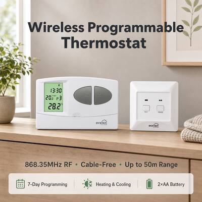 Termostato ambiente wireless per caldaie convenzionali o combinate con programmazione settimanale, dotato di ricevitore compatto con dimensioni di 86 x 86 x 26 mm e consumo energetico di 6W
