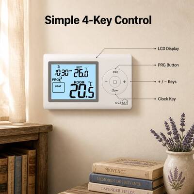 Corrente di attesa Corrente di illuminazione inferiore a 7mA Sala caldaia 7 giorni Termostato con precisione di visualizzazione più meno 05 gradi Celsius e programmabilità 5 2 giorni 24 ore