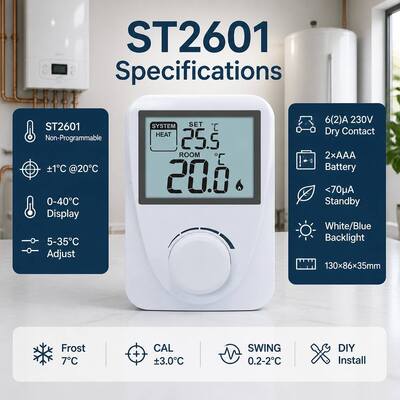 Display Temperature Range 3°C a 37°C Termostati digitali caldaie per ambienti colore bianco dimensioni compatte Soluzioni di gestione della temperatura