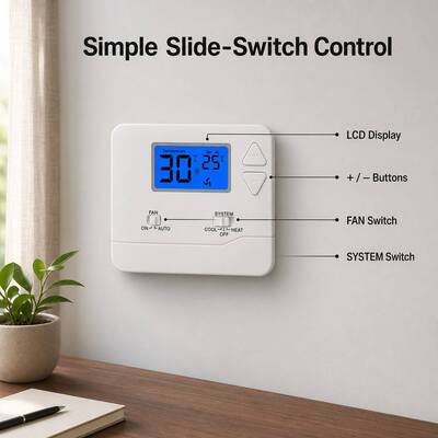 Termostato ambiente cablato Riseem in materiale ABS con precisione di ±1°C e modalità di controllo manuale/automatica