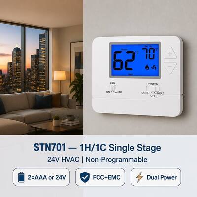 Termostato per aria condizionata in stile americano da 24V elettronico, dimensioni del display 3,84 pollici quadrati, stadio singolo regolabile 1 H 1 C, con controllo non programmabile