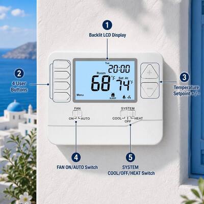 24V Large LCD Display HVAC Temperature Controller Wired Thermostat 7 Day 2 Heat 2 Cool Battery Power