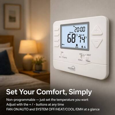 Pompa di calore stile USA per hotel e appartamenti, termostato cablato a risparmio energetico non programmabile da 24 V, 2 calore, 1 freddo per applicazioni commerciali