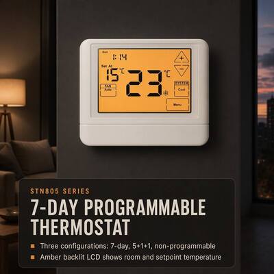 Protezione da ritardo compressore LCD grande 5 minuti 1 riscaldamento 1 raffreddamento cablato termostato per aria condizionata per hotel domestici HVAC per appartamenti 7 giorni