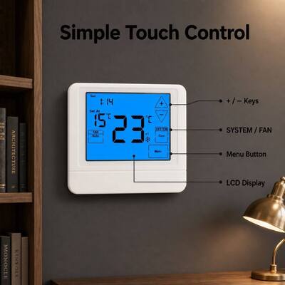Termostato programmabile cablato 24V per pompa di calore OEM/ODM con touch LCD 4H/2C Pompa di calore con o senza calore ausiliario o di emergenza