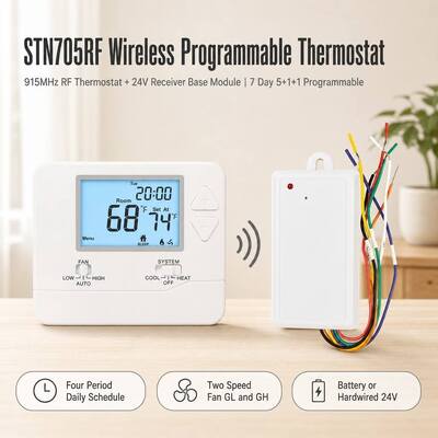 Termostato PTAC programmabile RF wireless da 7 giorni per pompa di calore convenzionale o wireless da 24 V, frequenza 915 MHz